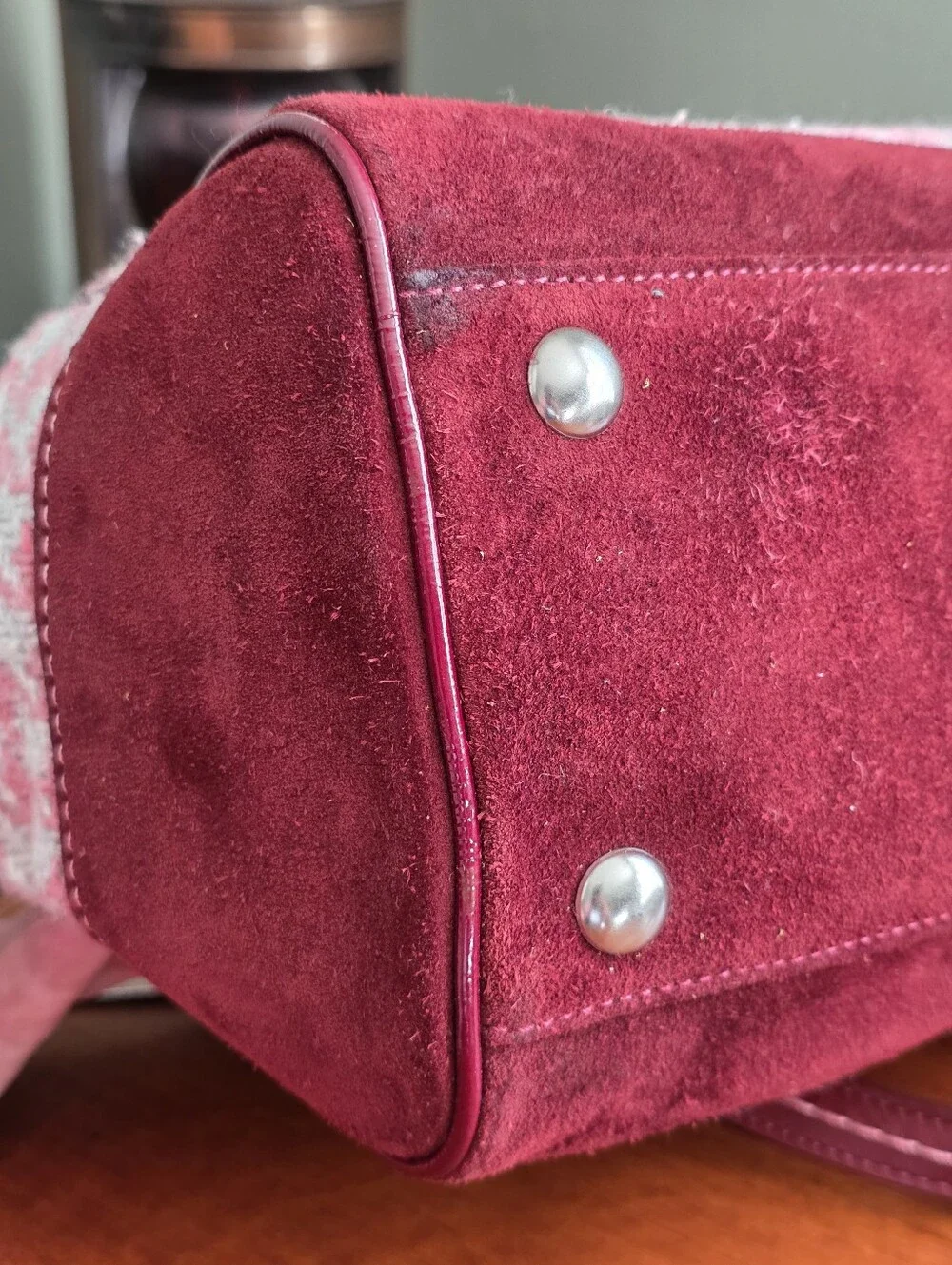 Coach 7480 Hamptons Houndstooth Suede Wool Satchel Pink Burgundy Y2K